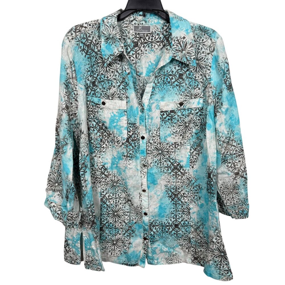 JM Collection Linen Top Blouse Womens 18W Blue Black Tie Dye Button Workwear